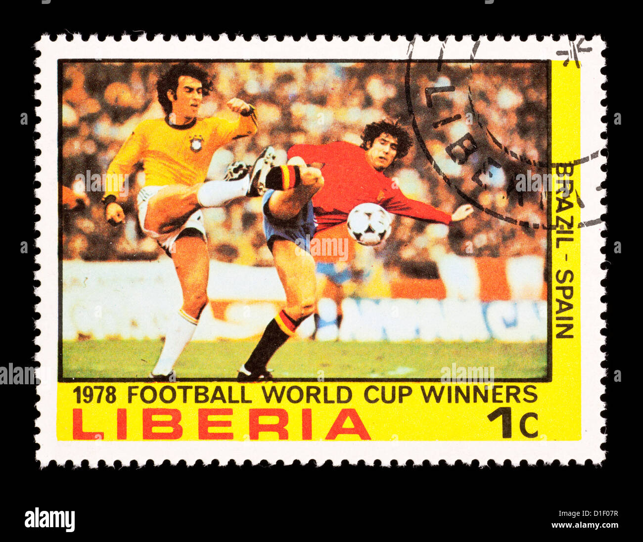 Postage stamp from Liberia depicting the soccer players, issued for the 1978 Football World Cup. Stock Photo