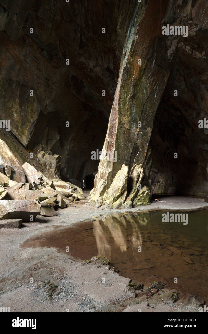 Cathedral cave cavern in old slate quarry, Little Langdale, Cumbria, England, UK Stock Photo
