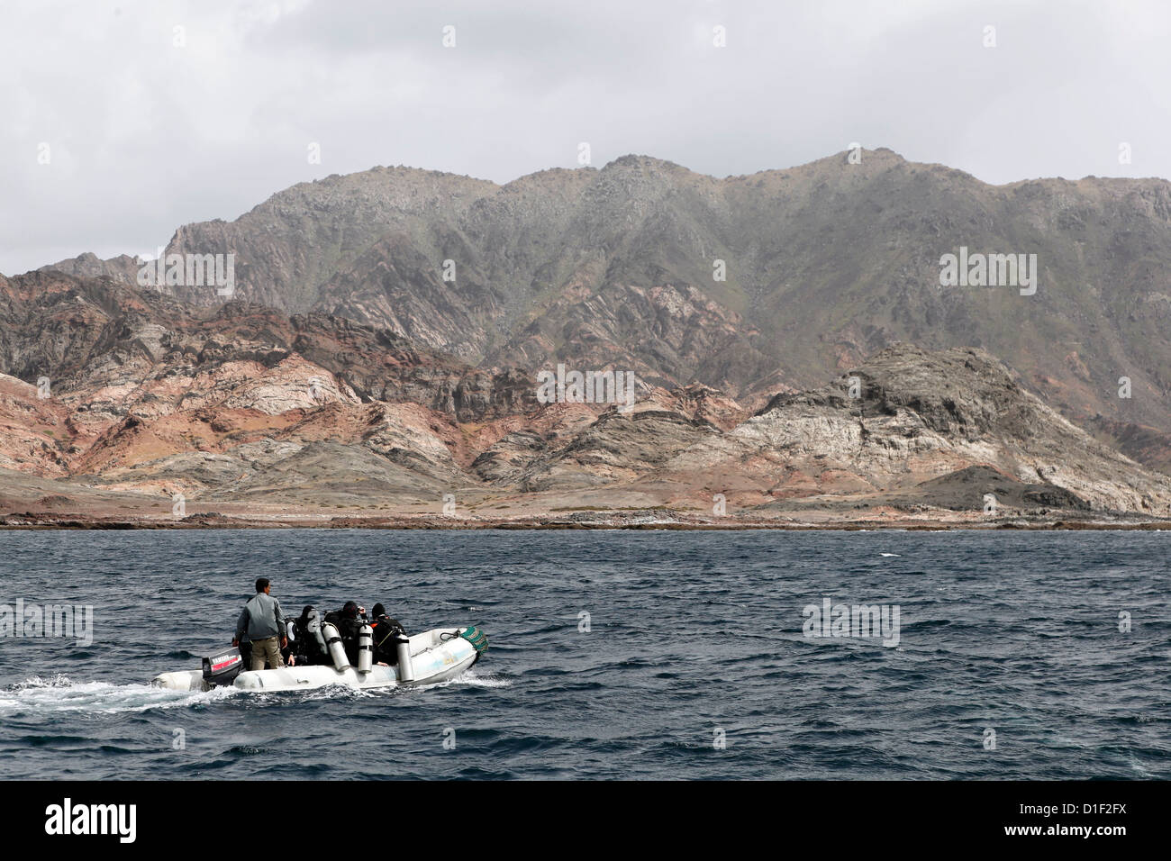 Divers on a boat, Khuriya Muriya Islands, Oman, Indian Ocean Stock Photo