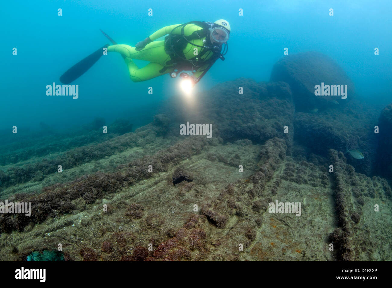 Diver with wreck, Caesarea Maritima, Mediterranean Sea, Israel