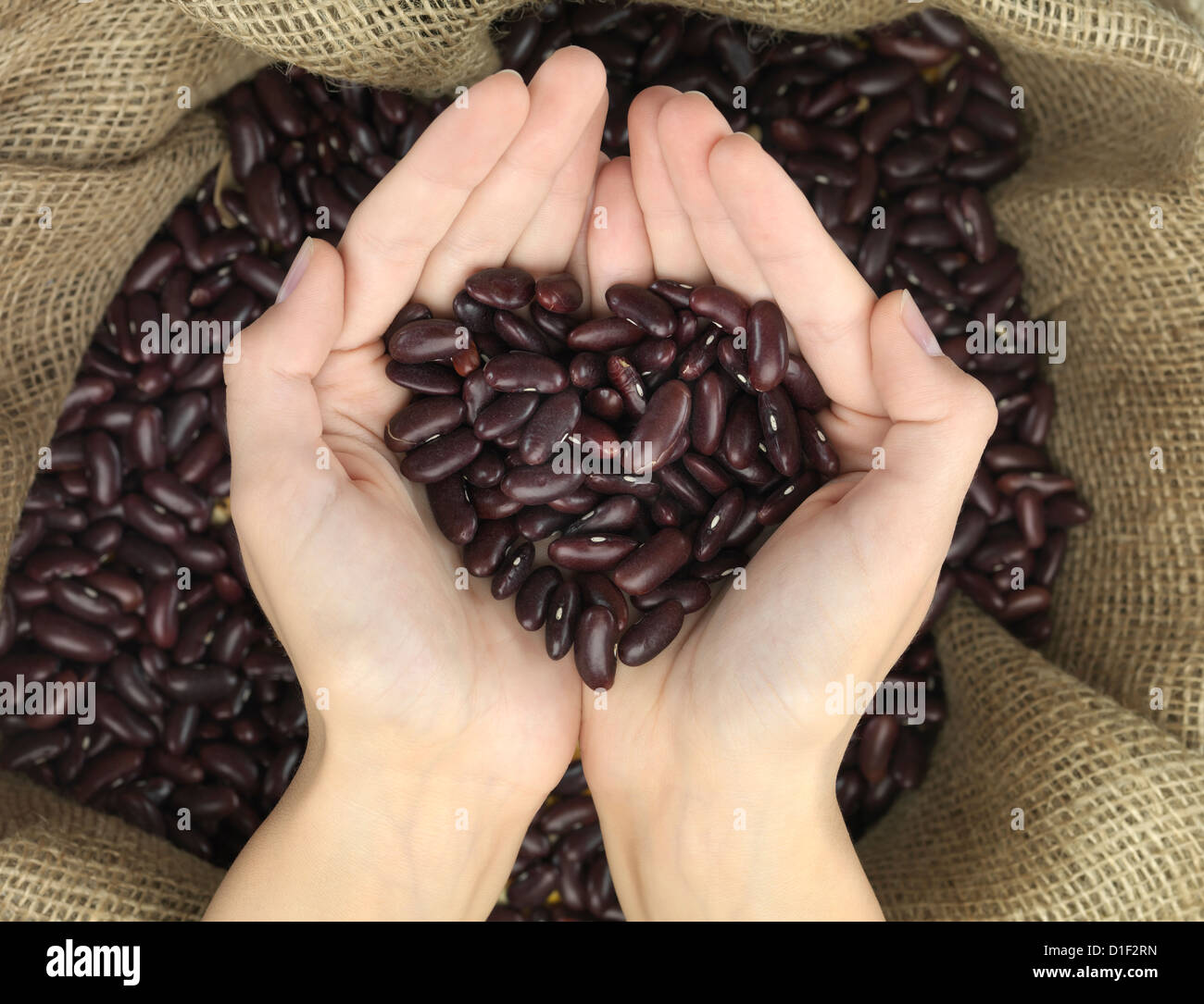 beans in heart shape held in hands over a raffia bag Stock Photo