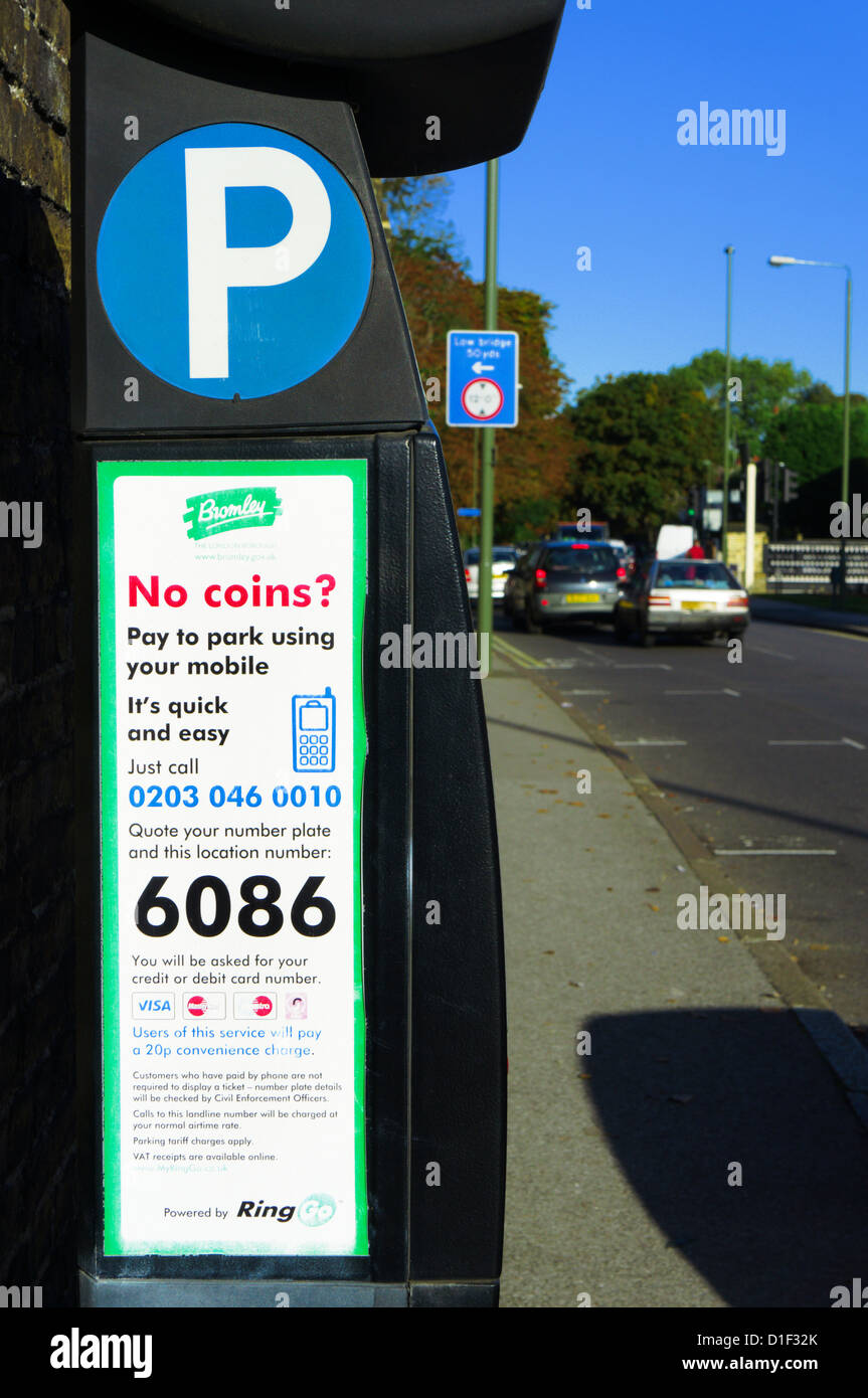 A parking meter allowing payment by mobile 'phone. Stock Photo