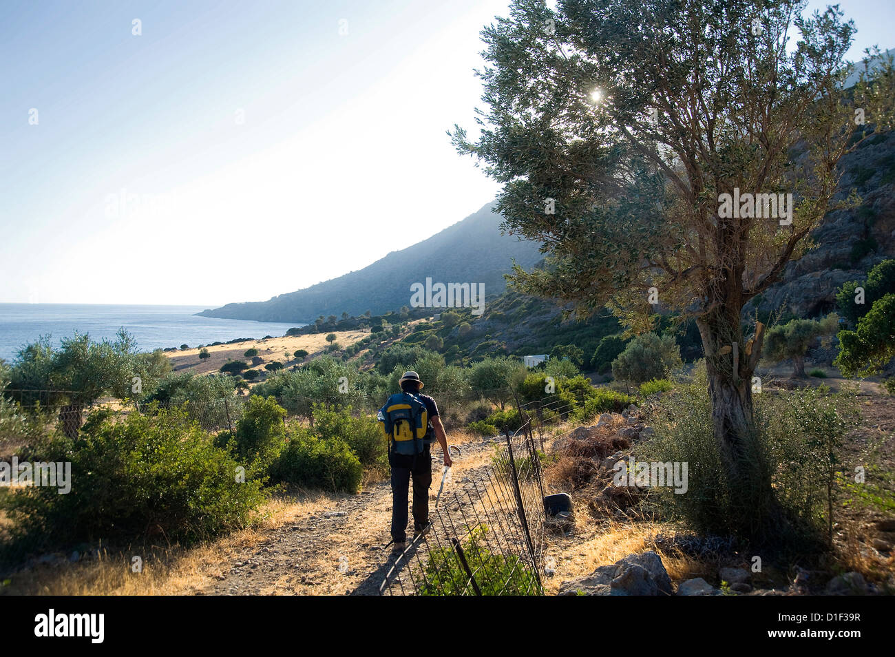 Man hiking on coastal landscape, Crete, Greece Stock Photo