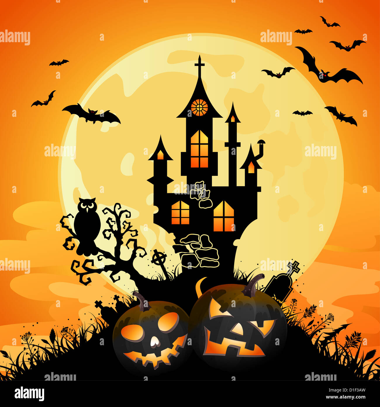 Halloween Greeting Card with Castle on Full Moon Background, vector ...
