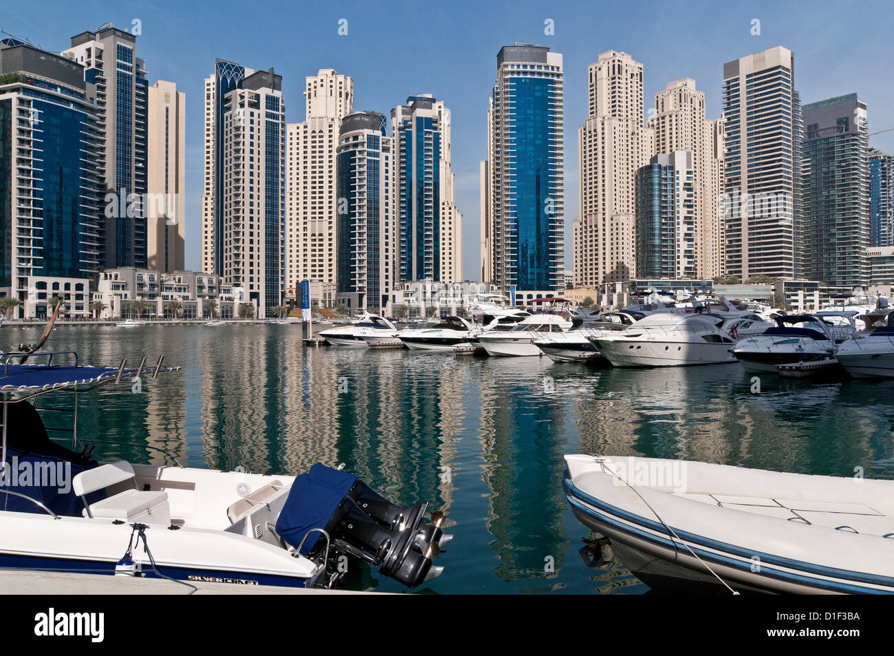 Skyscrapers and marina, Dubai Marina, Dubai Stock Photo
