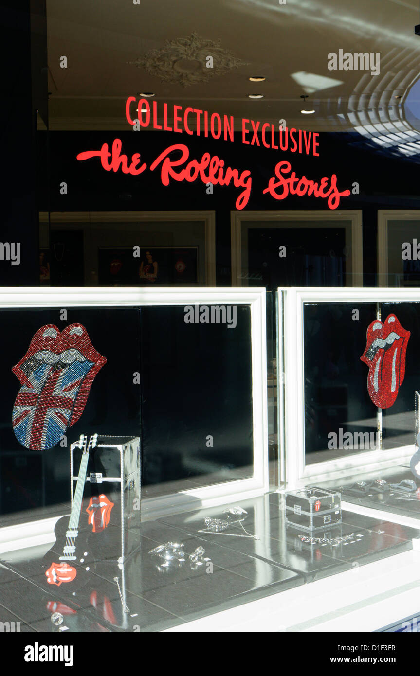 A sign on a shop window selling Rolling Stones' merchandise in Montpellier, southern France. Stock Photo