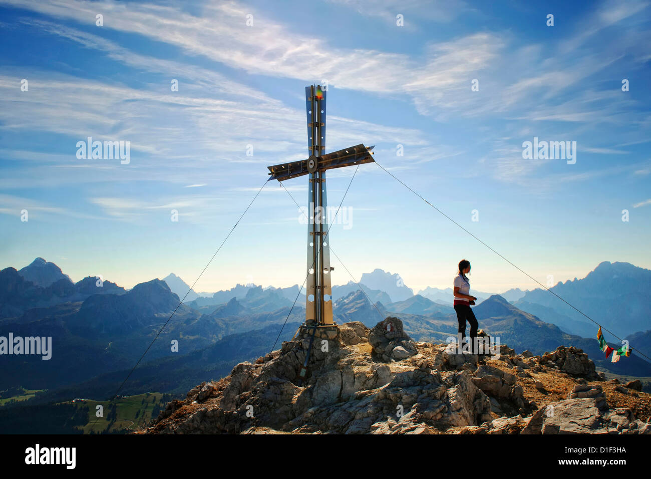 Woman on the peak of the Sassongher, Dolomites, South Tyrol, Italy Stock Photo
