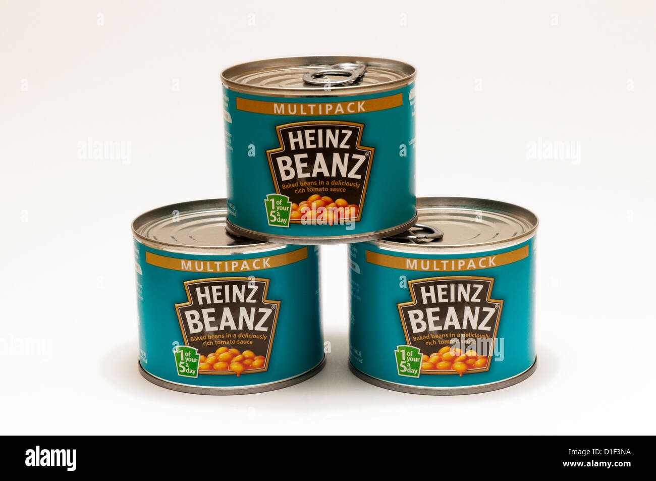 Three tins of multipack Heinz baked beans beanz. Stock Photo