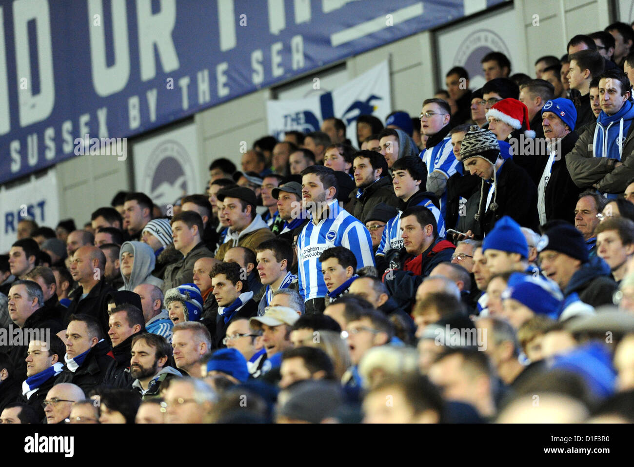 Brighton and Hove Albion football fans standing to watch a match at The Amex Stadium -  Editorial use only. No merchandising. For Football images FA and Premier League restrictions apply inc. no internet/mobile usage without FAPL license - for details contact Football Dataco Stock Photo