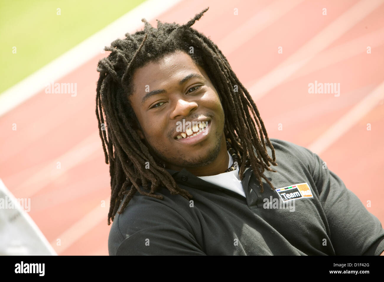 Ade Adepitan, wheelchair basketball athlete, Paralympian, TV presenter, MBE at KCC KSDU Disability Youth Games, Sevenoaks School Stock Photo