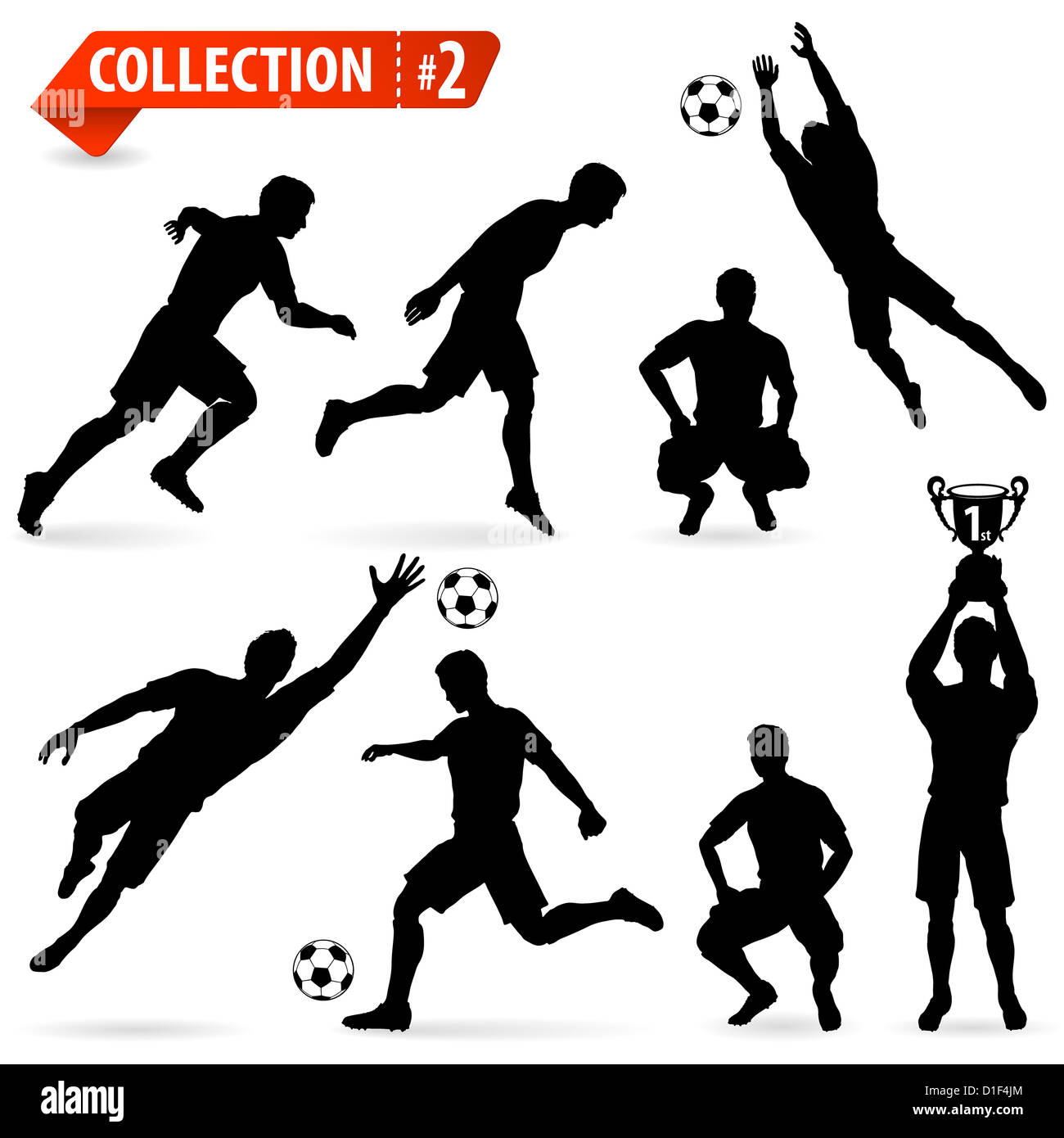 Set Of Silhouettes Of Soccer Players In Various Poses With