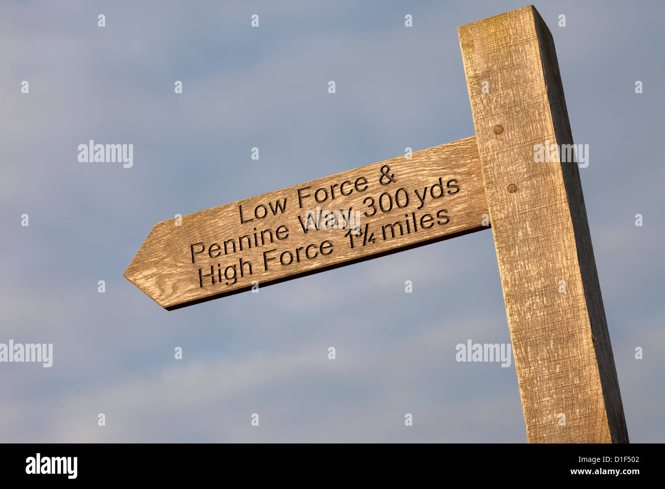 Sign Post Directing Walkers to Low Force, High Force and the Pennine Way, Bowlees Upper Teesdale County Durham UK Stock Photo