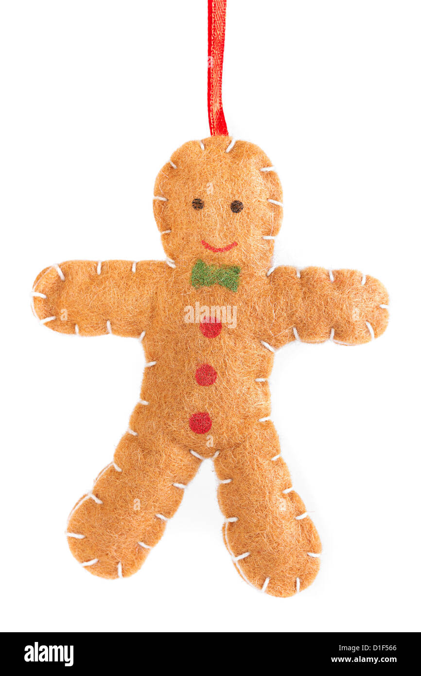 Felt gingerbread man tree decoration over white Stock Photo