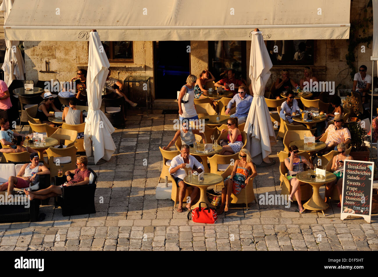 Croatia, Dalmatia, Hvar island, Hvar town, St. Stephen's Square, cafe Stock Photo