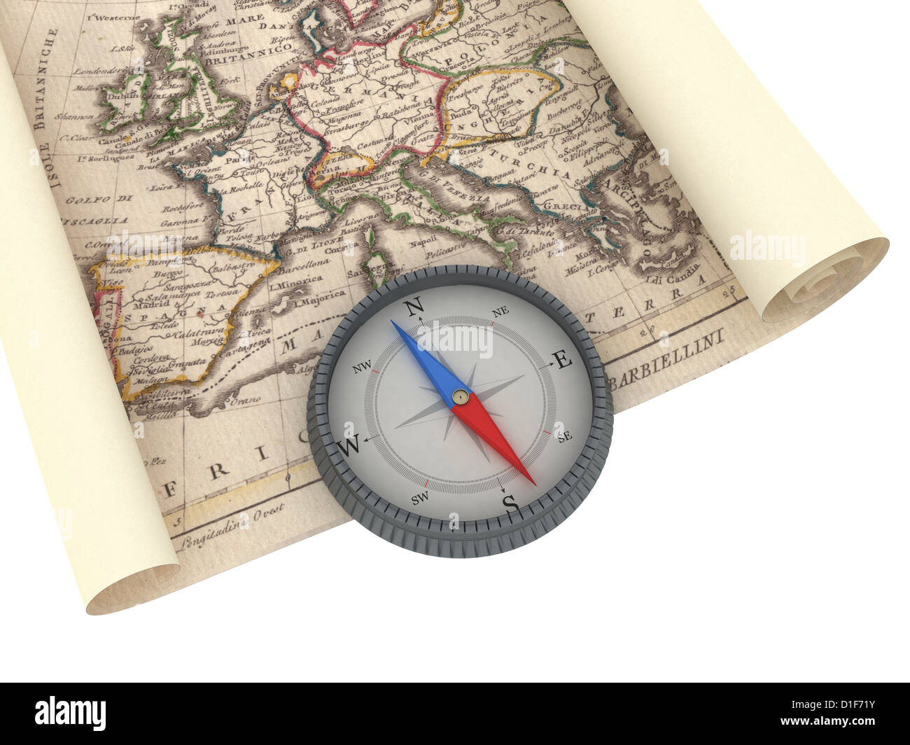 Old Map and Compass Isolated on white Stock Photo - Alamy