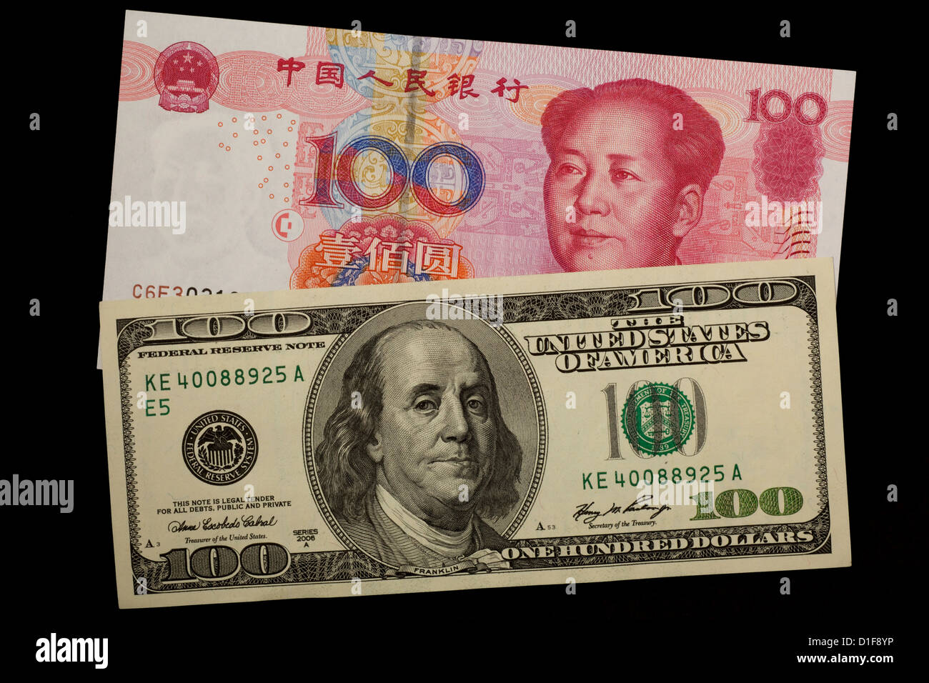 100 yuan and 100 dollars banknotes Stock Photo - Alamy