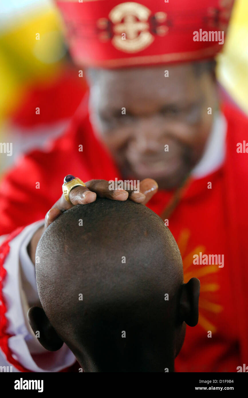 Roman Catholic Bishop Telesphor Mkude of Morogoro Diocese during confirmation ceremony in Bagamoyo, Tanzania Stock Photo