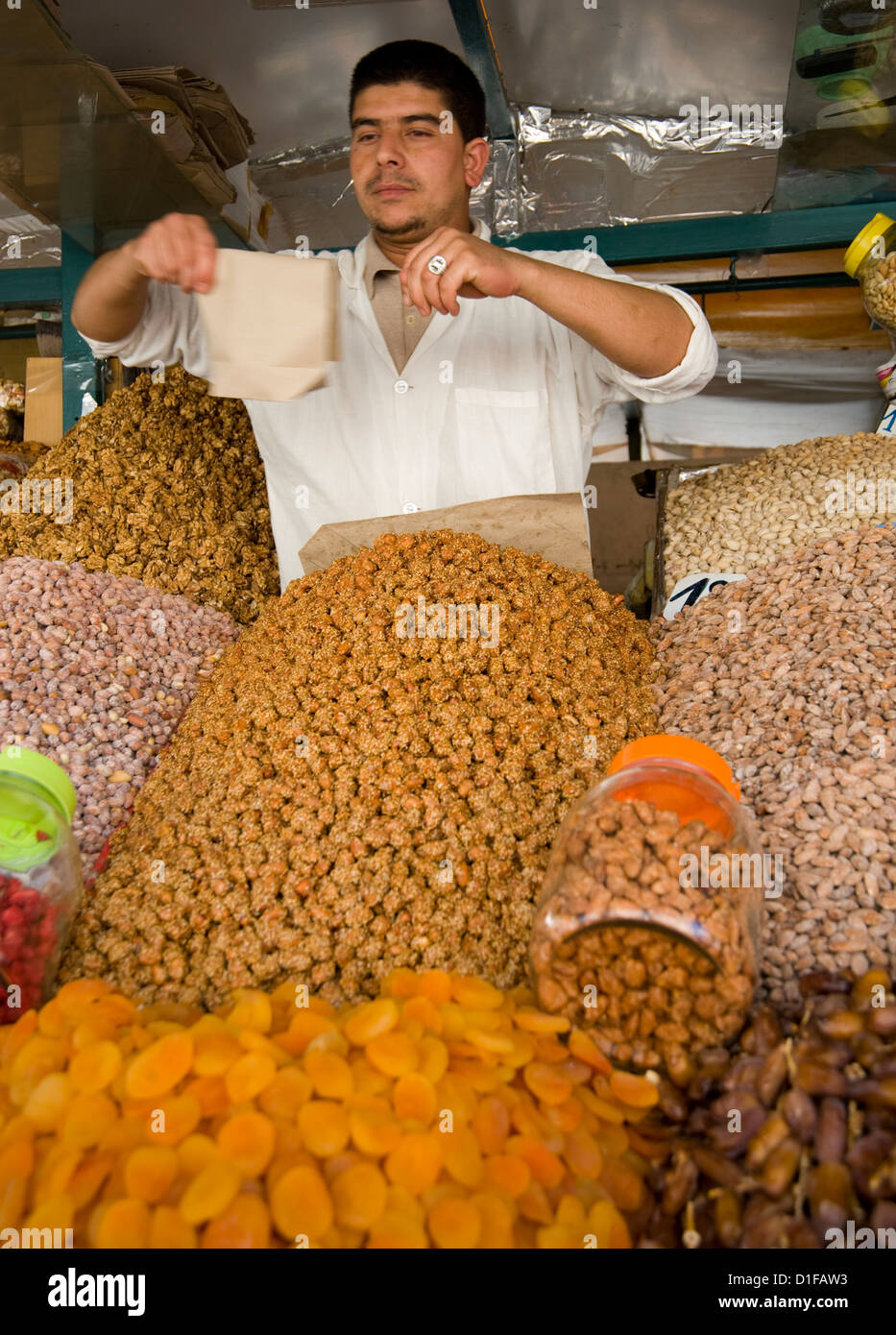 Nuts and dried fruit for sale at a stall in the souk in Marrakech