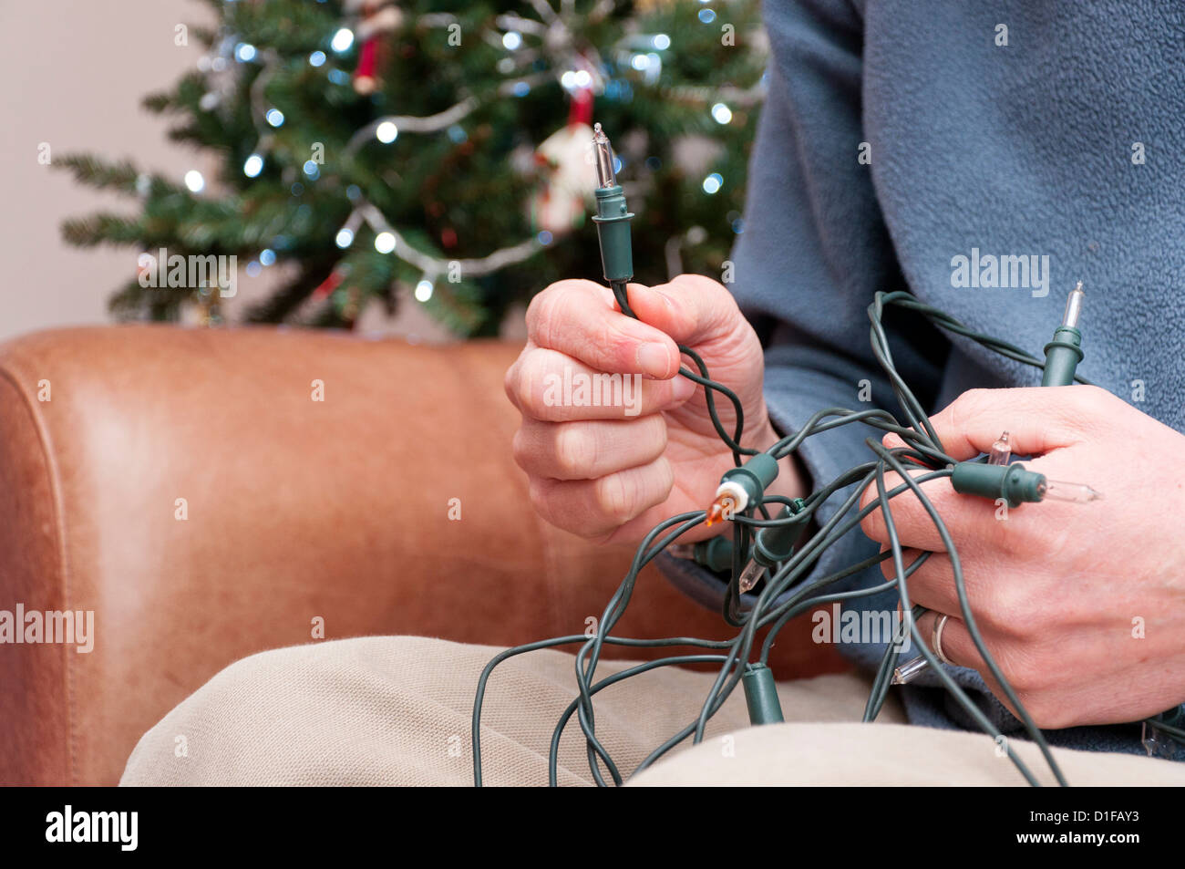 Christmas stress man with tangled bunch of string lights looking for faulty bulb. Stock Photo