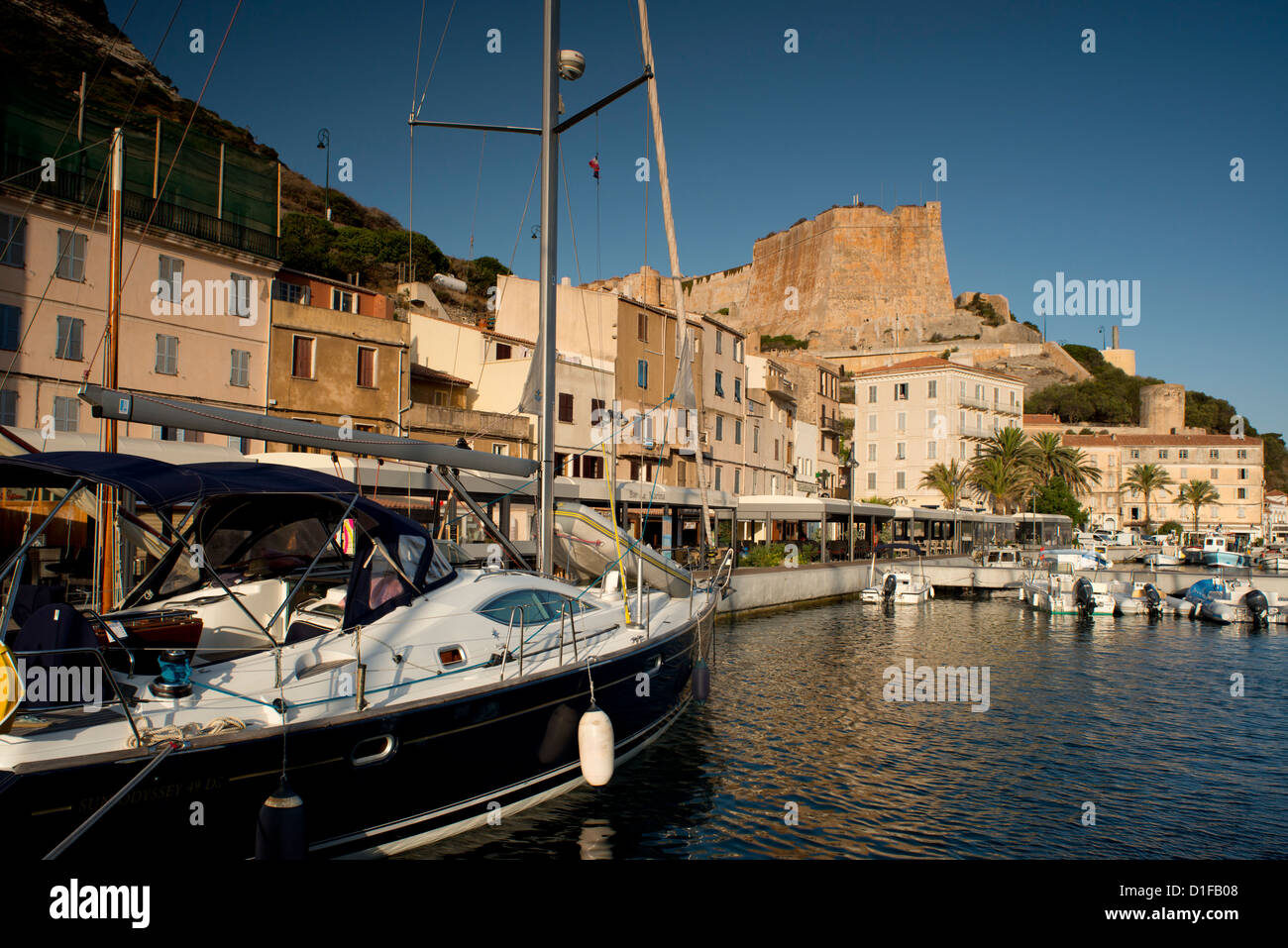 A view of yachts in the harbour and the citadel in Bonifacio, Corsica, France, Mediterranean, Europe Stock Photo