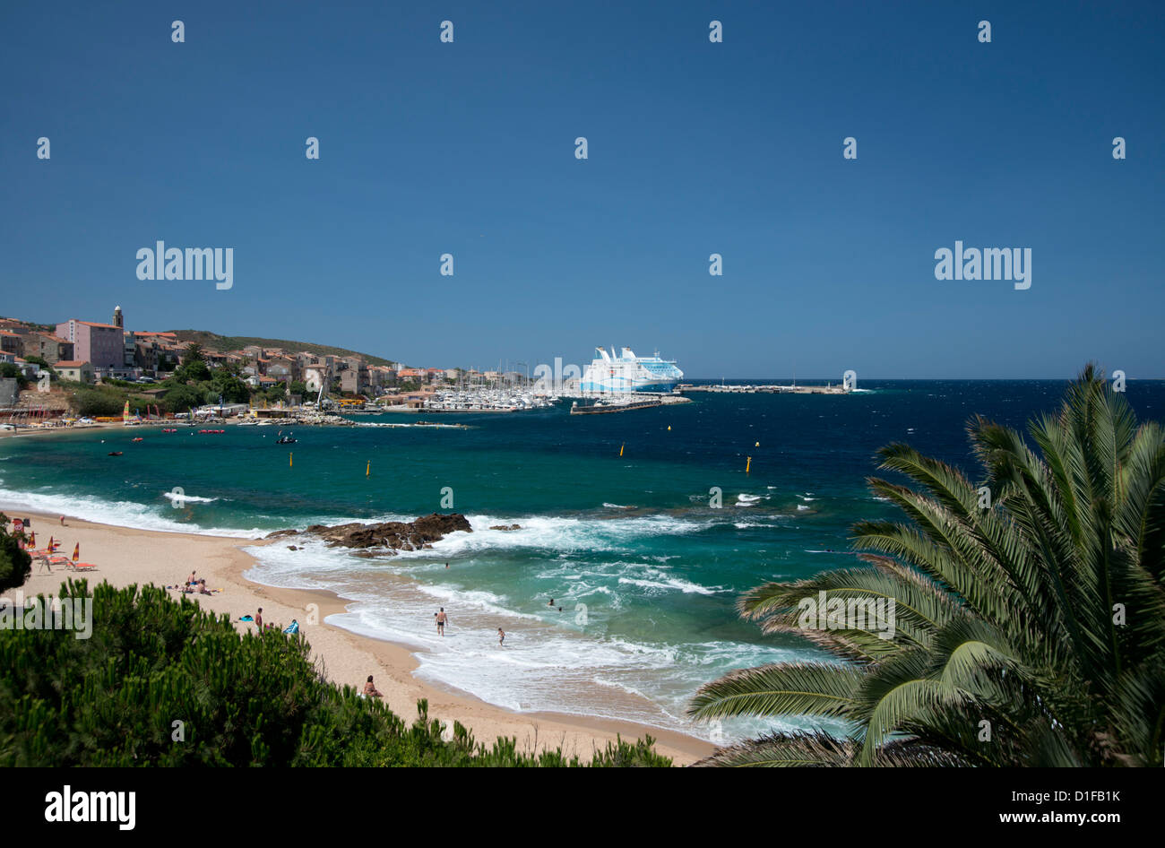 A view over the beach to the town of Propriano on the southwest coast of Corsica, France, Mediterranean, Europe Stock Photo