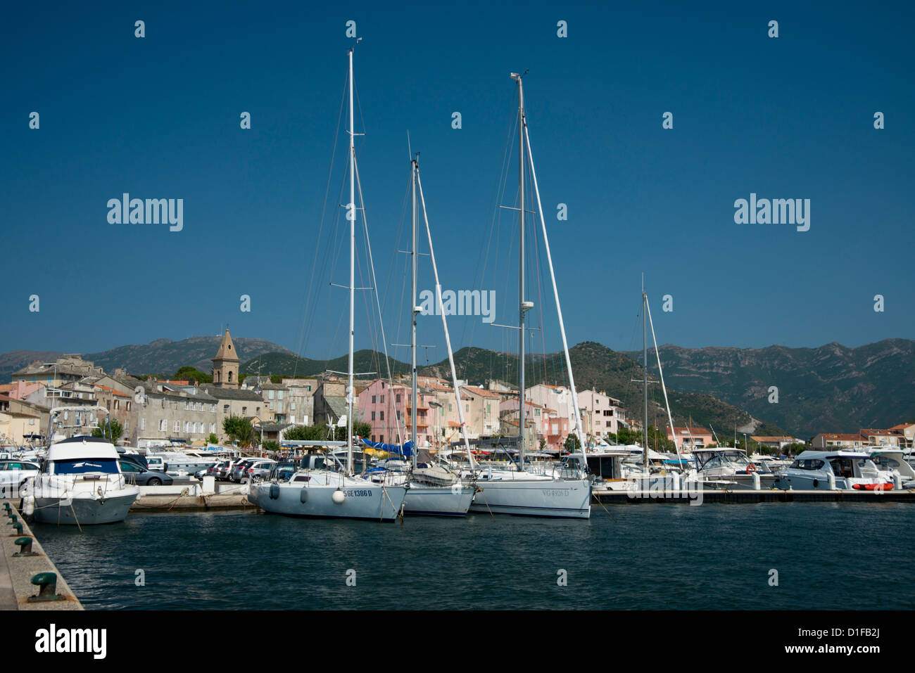 Yachts in the harbour in St. Florent, Corsica, France, Mediterranean, Europe Stock Photo