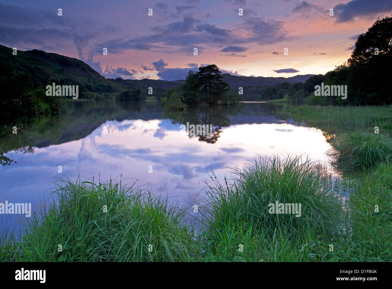 Sunset, Rydal Water, Lake District National Park, Cumbria, England, United Kingdom, Europe Stock Photo