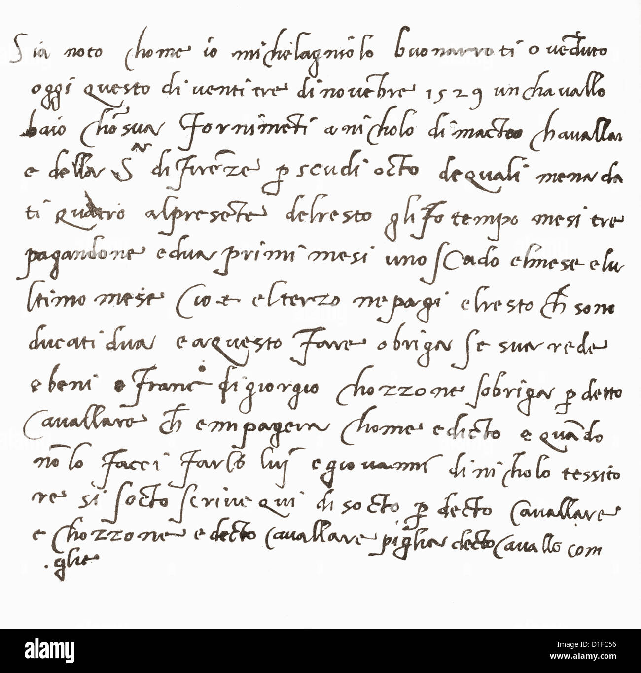 Handwriting by Michelangelo di Lodovico Buonarroti Simoni. Stock Photo