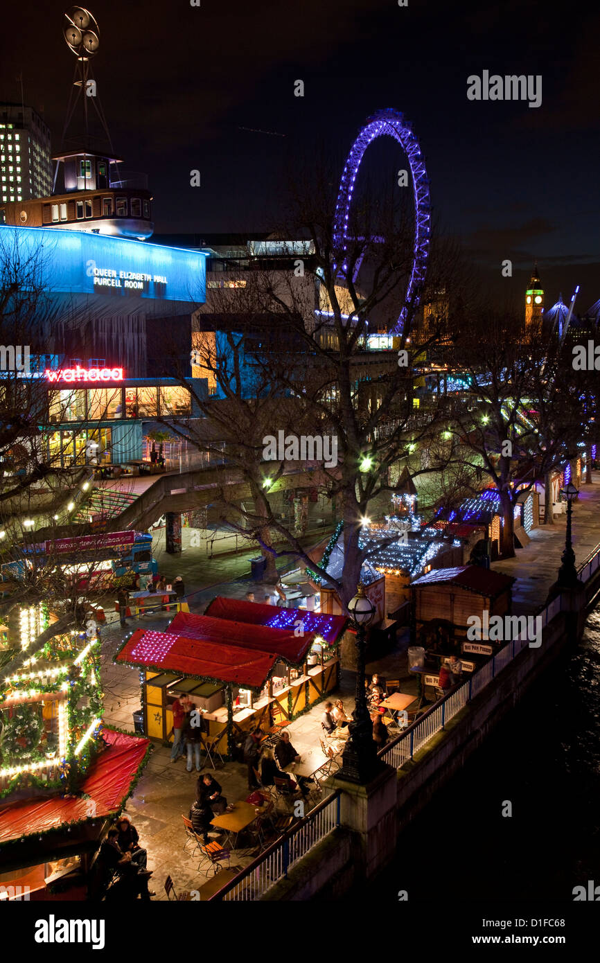 The South Bank and Christmas Market at night, London, England Stock Photo