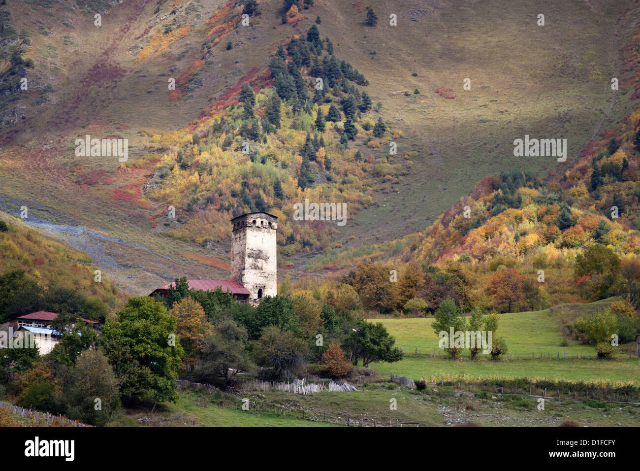 Typical Svaneti watchtower on the southern slopes of the Greater Caucasus, Georgia Stock Photo