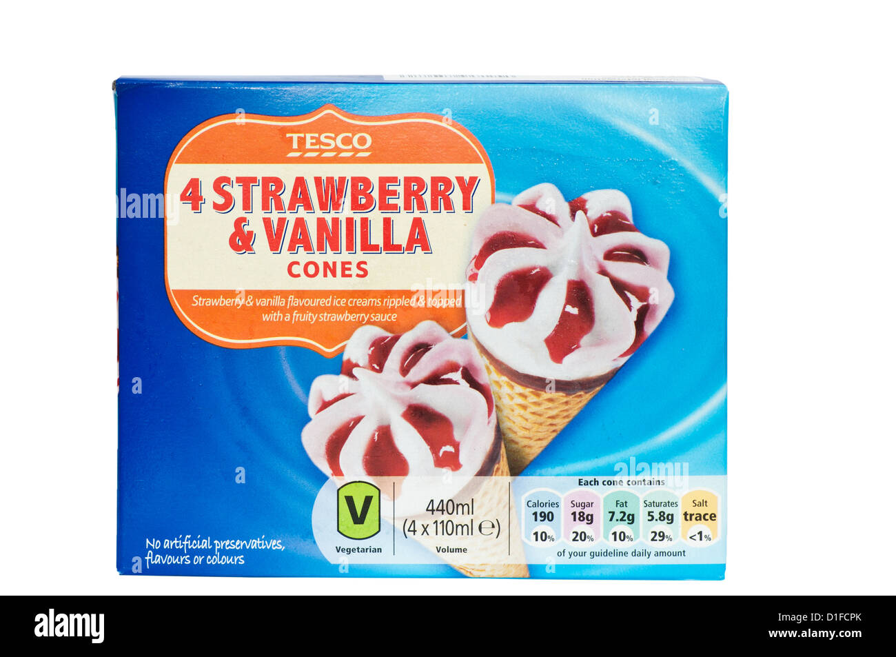 Box of Tesco Strawberry and Vanilla Ice Cream Cones Stock Photo