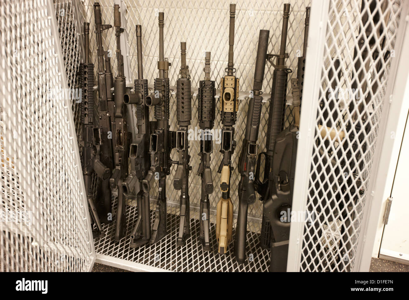 cage of assault rifles at a gun range in las vegas nevada usa Stock Photo