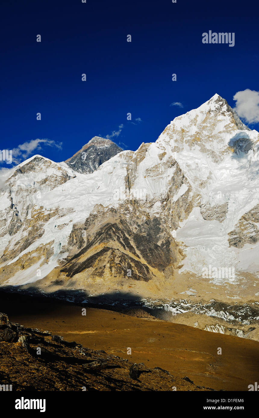 Mount Everest and Nuptse seen from Kala Patthar, Sagarmatha National Park, Solukhumbu District, Sagarmatha, Purwanchal, Nepal Stock Photo