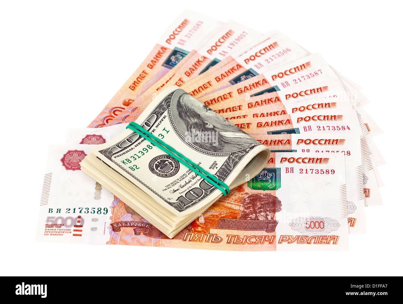 Folded dollar bills laying over rouble background Stock Photo Alamy