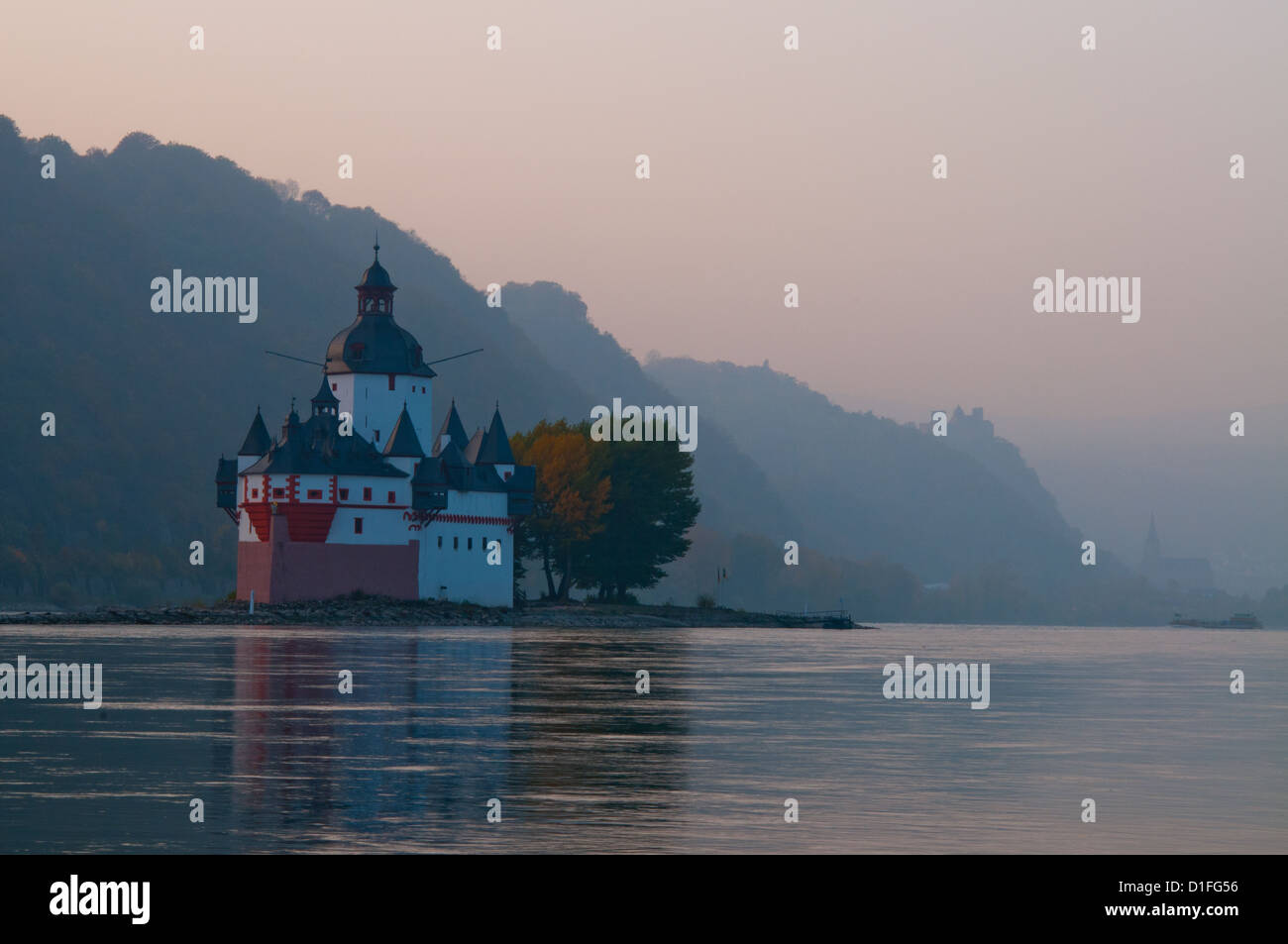 Pfalzgrafenstein toll castle on island in Rhine river at dusk, Kaub Stock Photo
