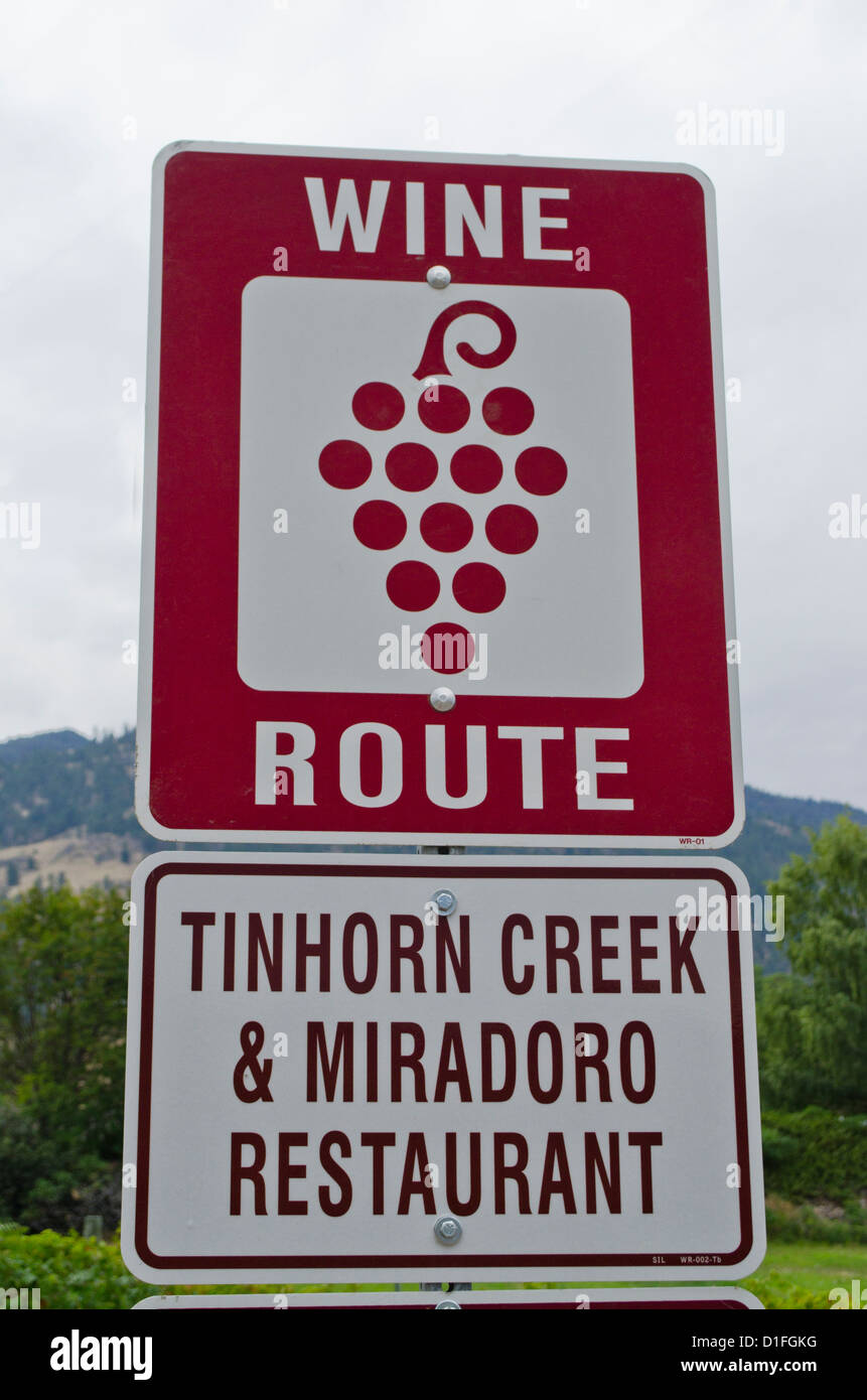 Wine route sign Canadas wine capital of Oliver BC Stock Photo