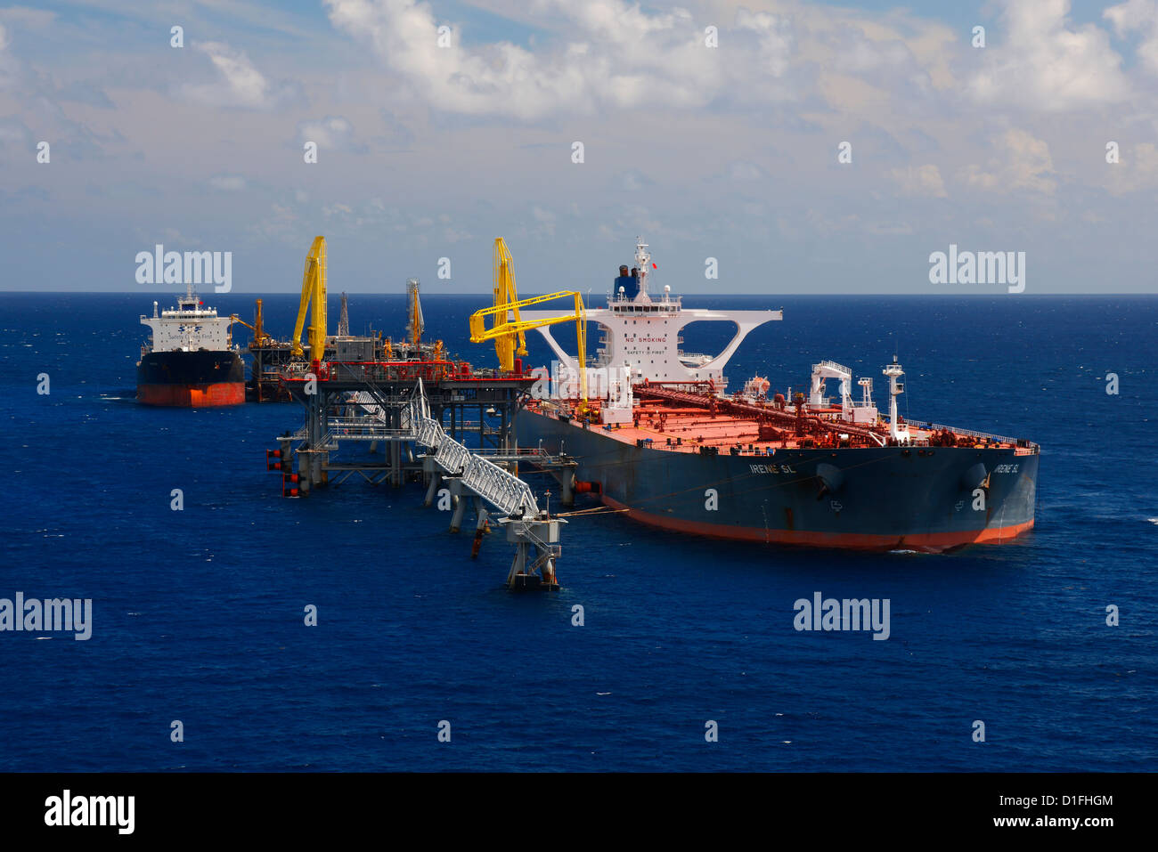 Tanker loading oil. Freeport - Bahamas. Stock Photo