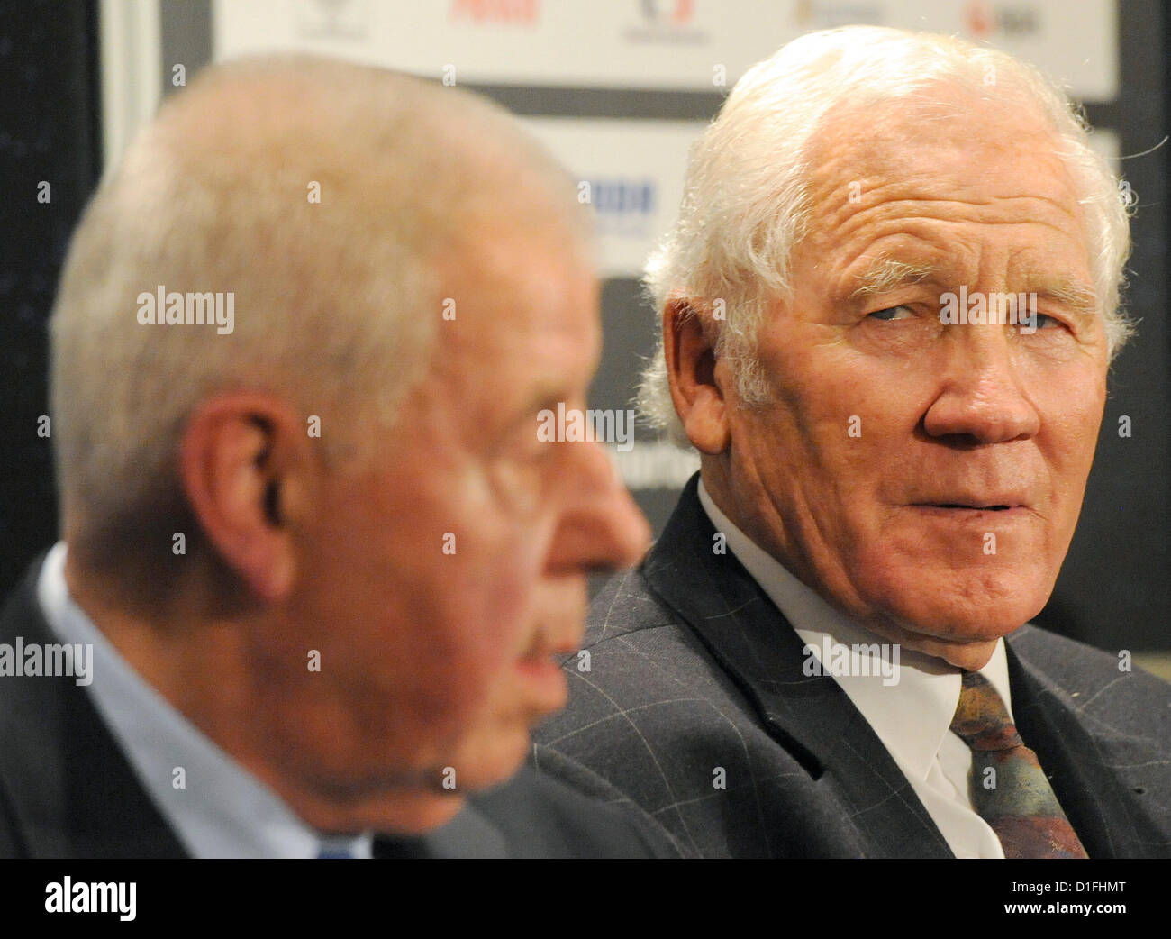 Czechoslovak silver medallists form the soccer World Cup 1962 pose during press conference ahead of the Award ceremony Sportsman of the Year on December 19, 2012 in Prague, Czech Republic. Josef Masopust (left) and Adolf Scherer. Former soccer players were announced Legends of Sport. (CTK Photo/Stanislav Zbynek) Stock Photo