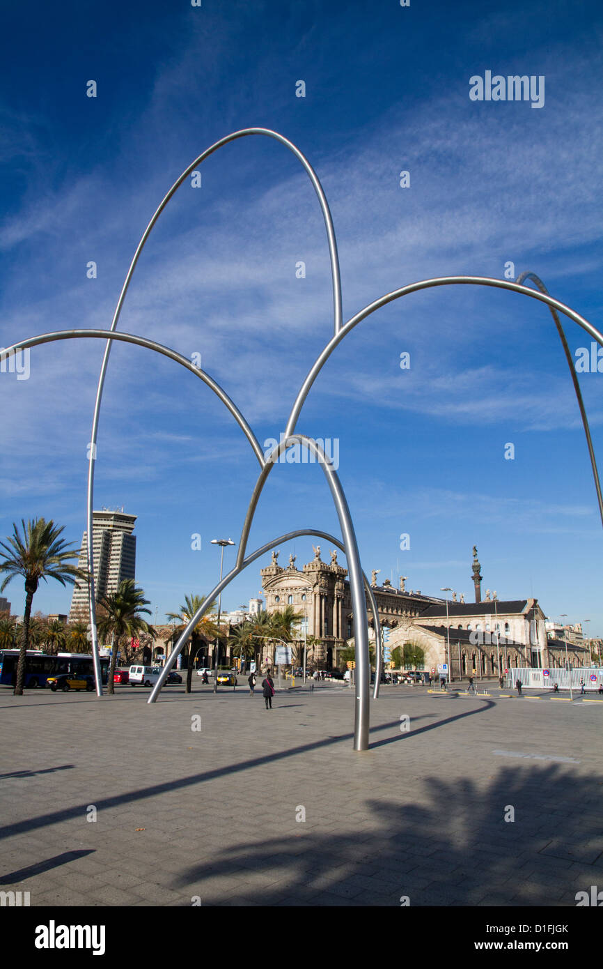 Sculpture steel tubes by artist Andreu Alfaro, Les Drassanes Square, Barcelona, Catalonia, Spain Stock Photo