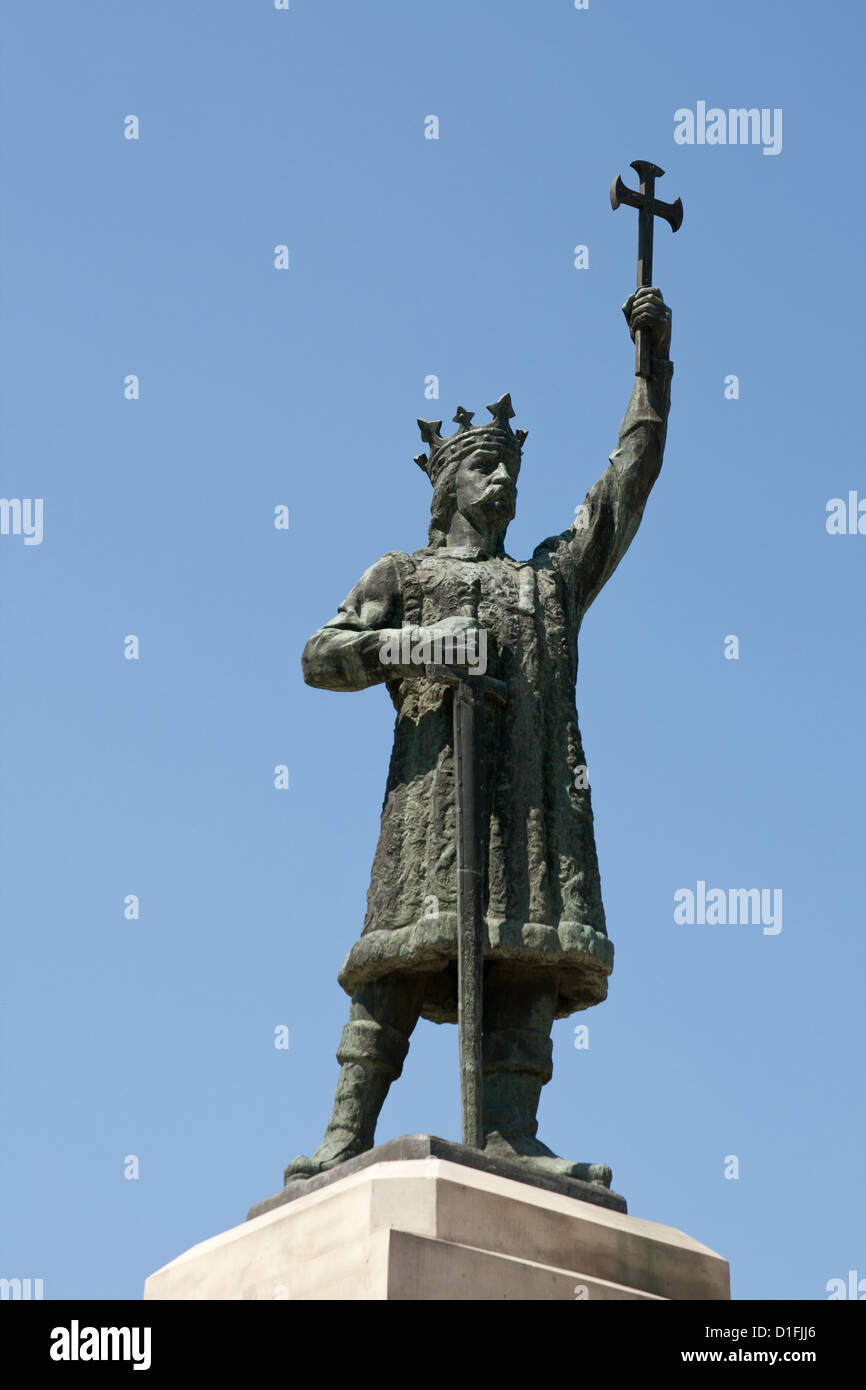 The monument to Stephen the Great (1457-1504) was erected near the main entrance of Stephen the Great Park in Chisinau in 1927. Stock Photo