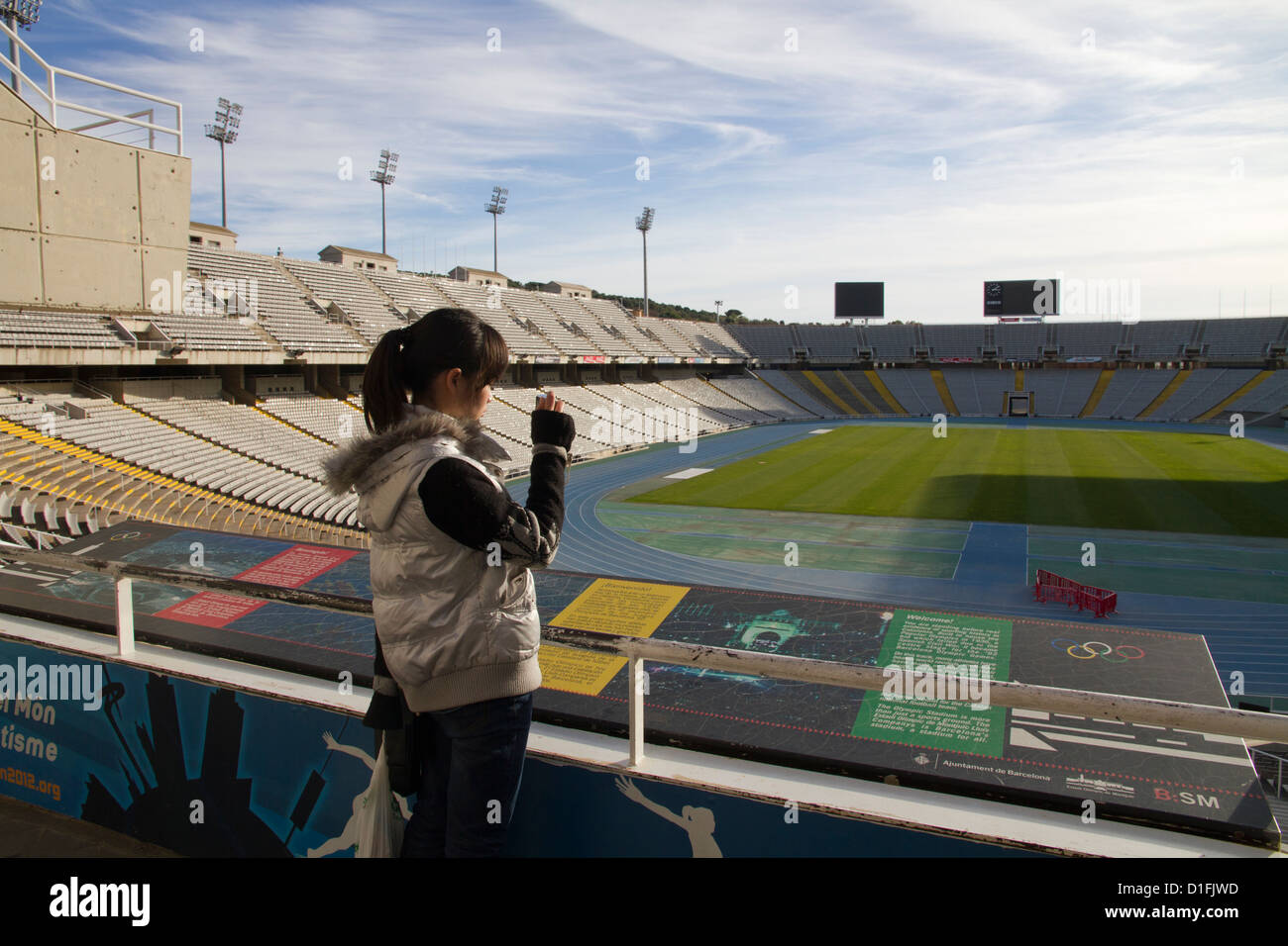 Barcelona Catalonia Spain. Tourist woman shotting photos at Olympic stadium Stock Photo