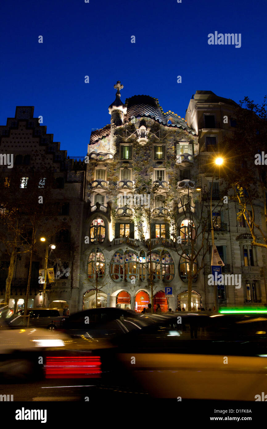 Casa Batllo at night Gaudi edifice Barcelona Catalonia Spain Stock Photo