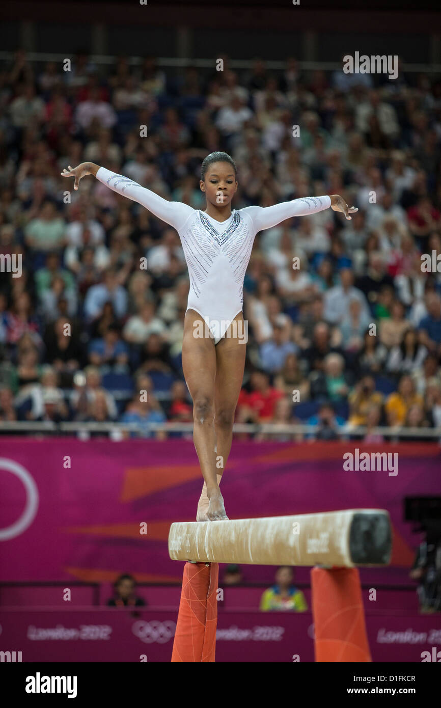 Gabrielle Douglas (USA) competing during the Women's Balance Beam Final at the 2012 Olympic Summer Games, London, England. Stock Photo