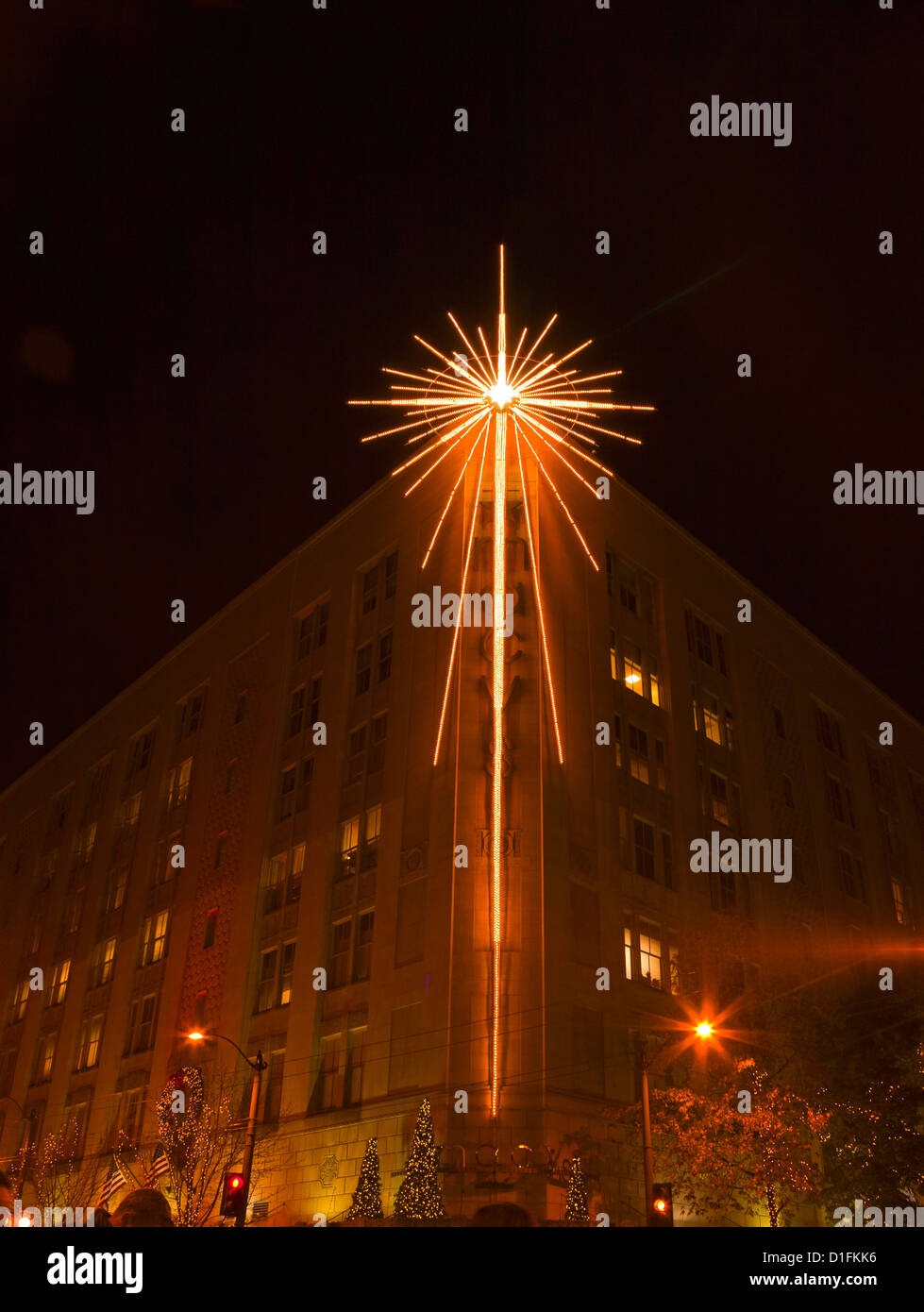 WASHINGTON - The Macy Star from Westlake Park, lit throughout the holiday season at Westlake Park in downtown Seattle. Stock Photo