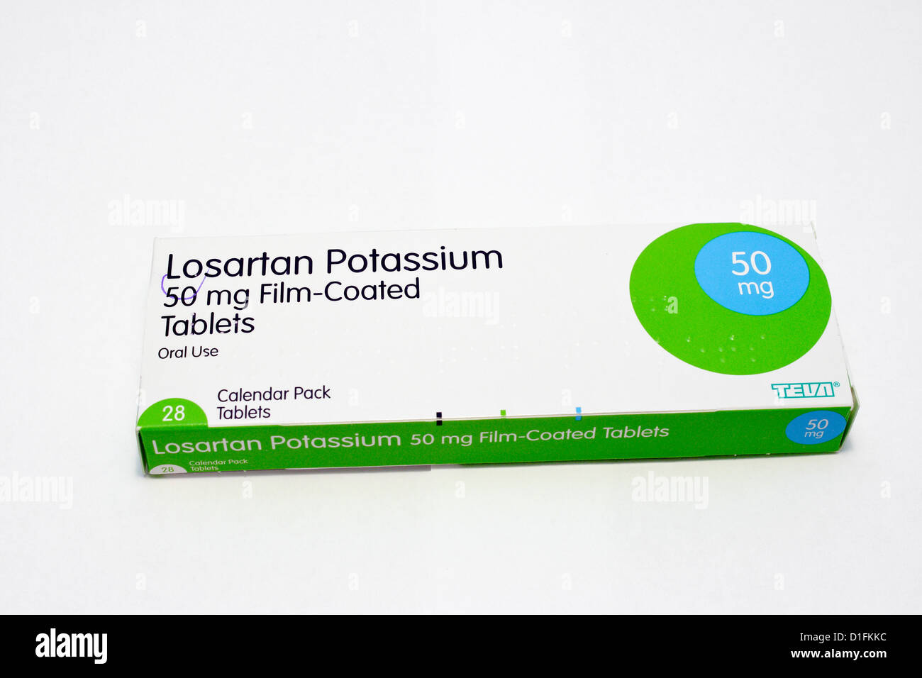 Photograph of Losartan Potassium tablets  a drug prescribed in the UK to treat high blood pressure, packaging Stock Photo