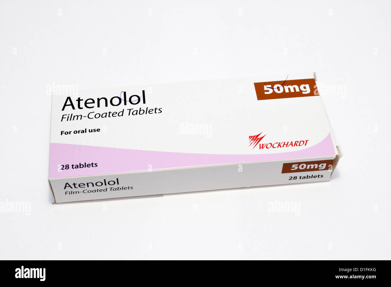 Photograph of  Atenolol tablets a Beta Blocker prescribed in the UK, Stock Photo