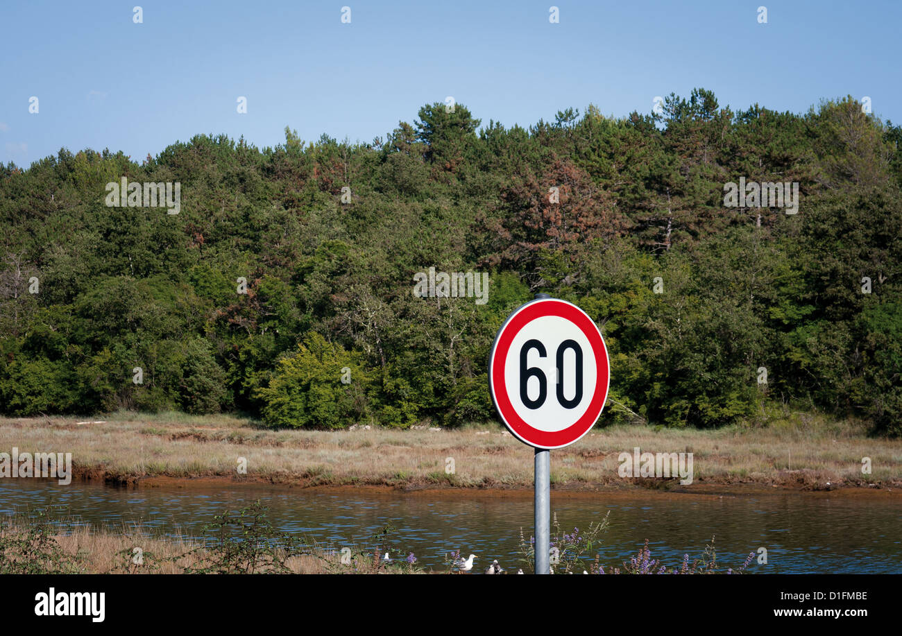 Countryside road by forest, 60 speed limit sign Stock Photo