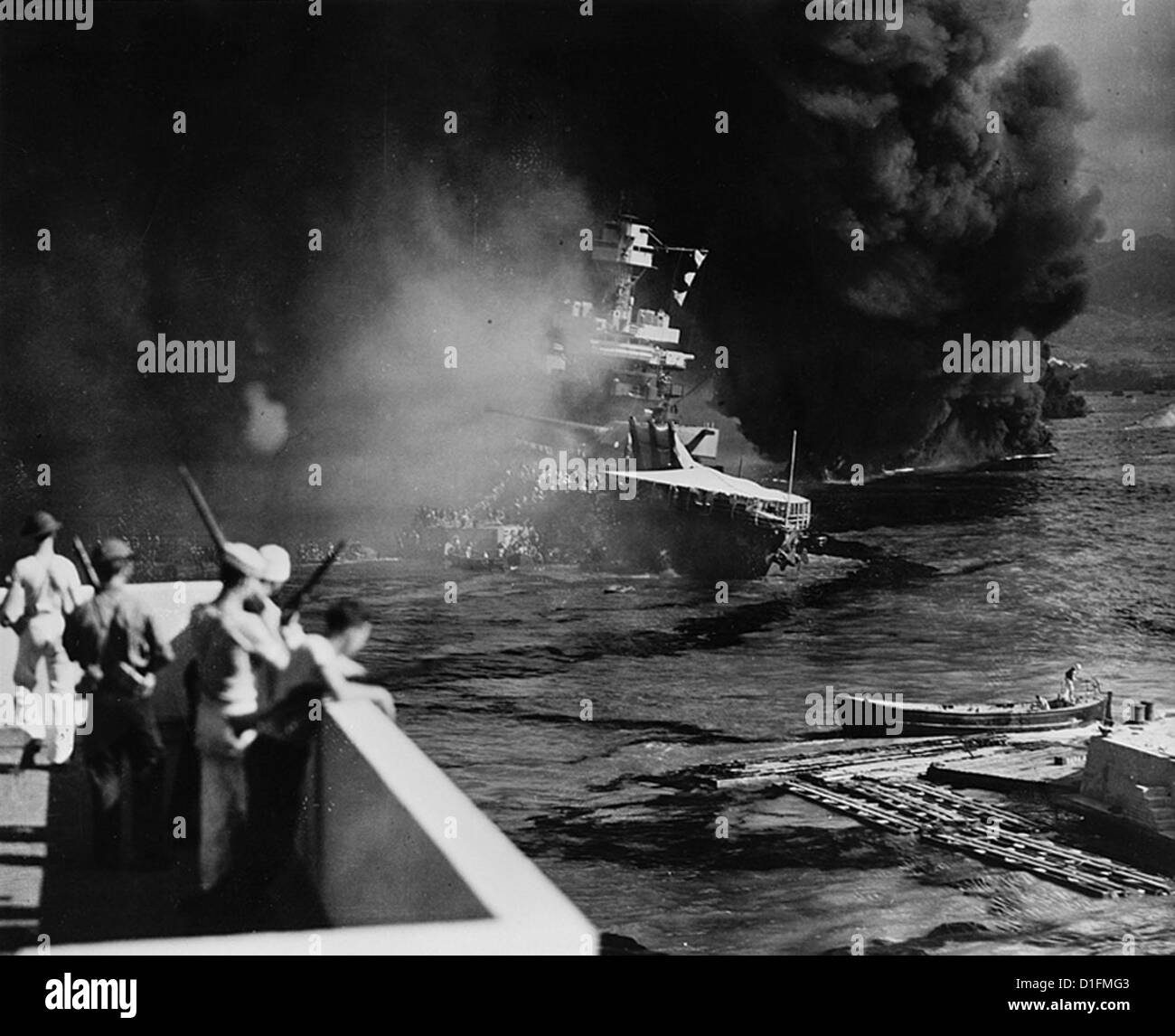 The USS California hit during the Pearl Harbor bombing. Stock Photo