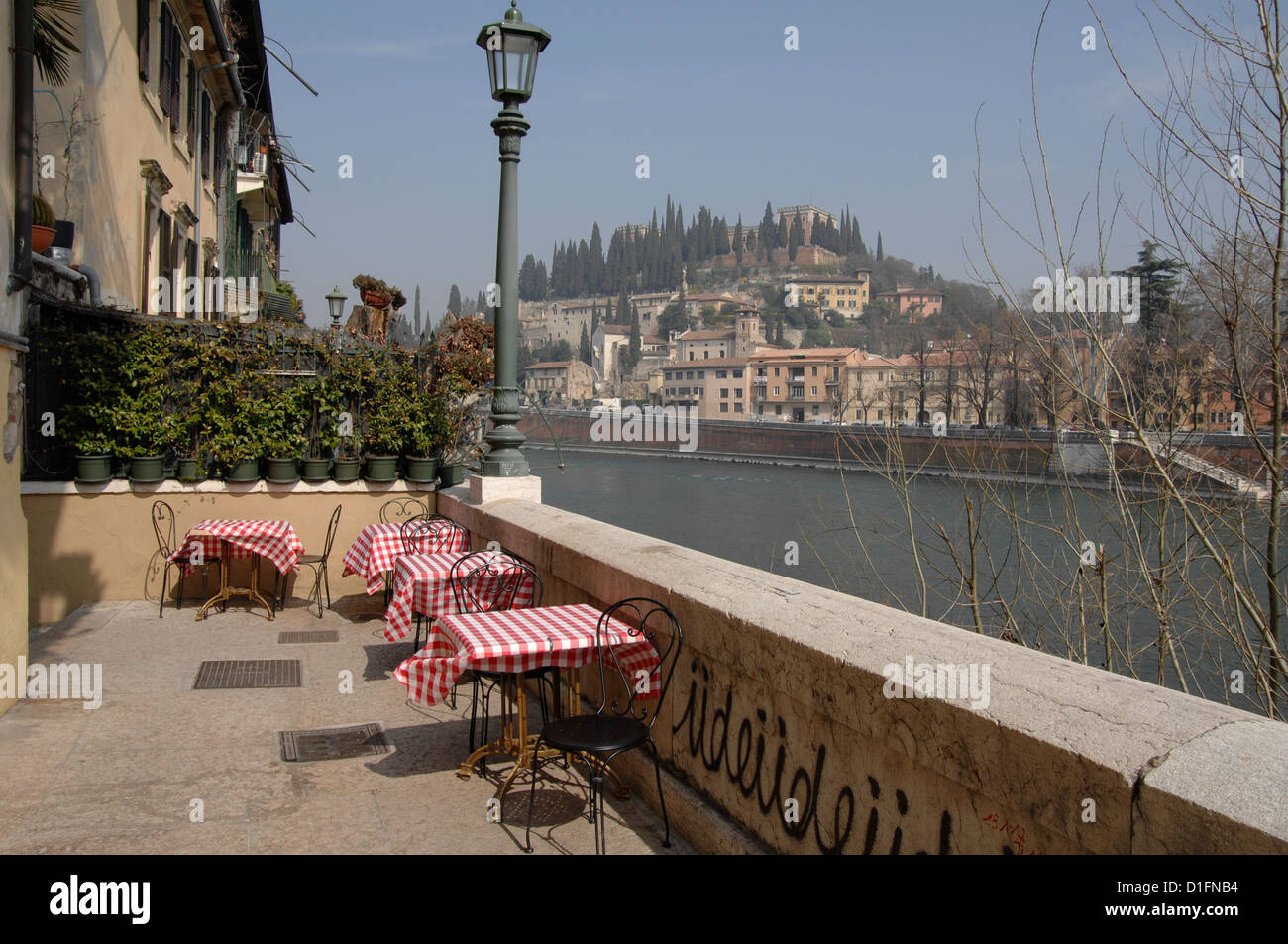 Restaurant on Adige River, Verona, Italy Stock Photo