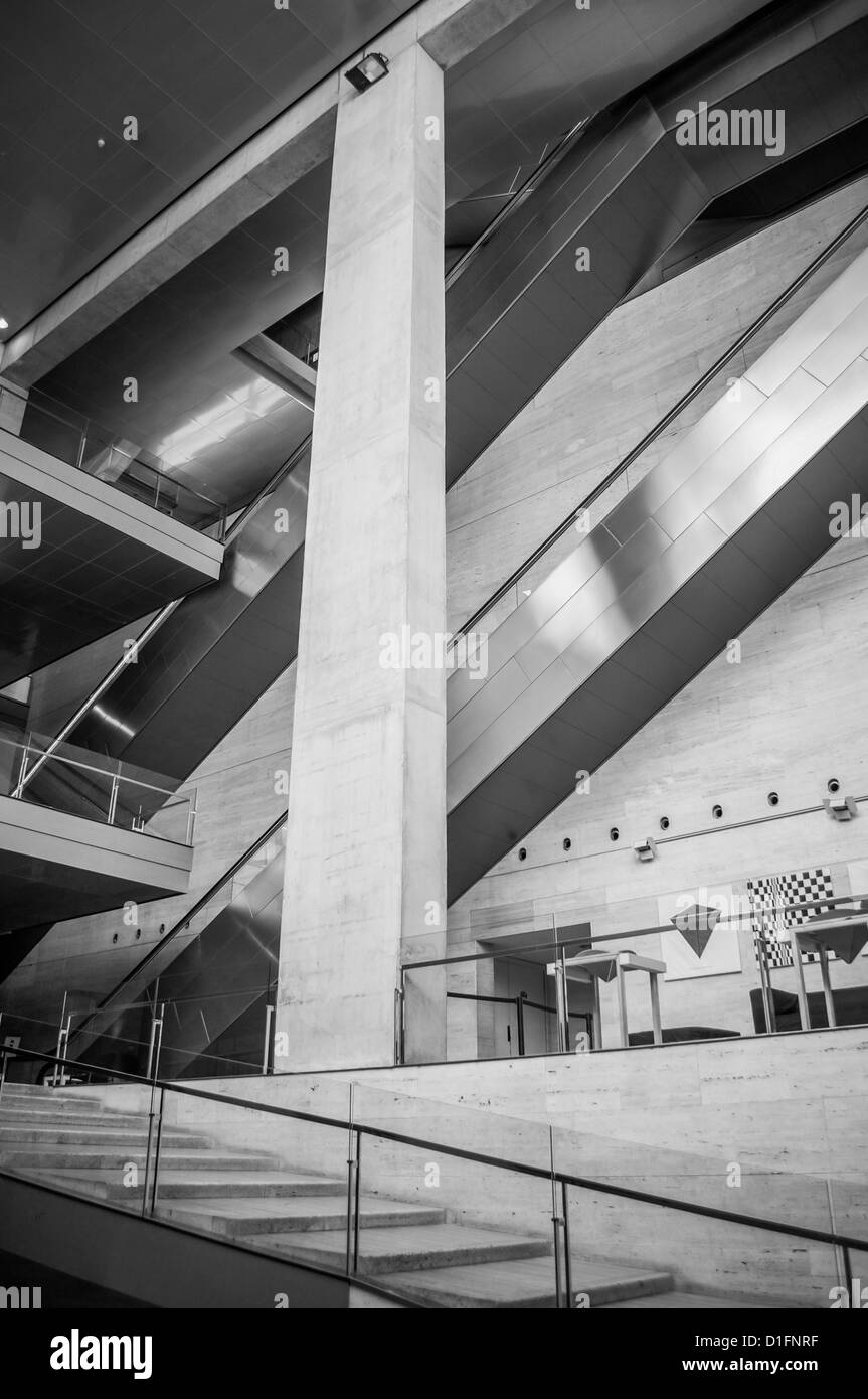 The crisp geometric angles of the interior lobby in the CCCB museum of contemporary art & culture in Barcelona, Spain. B&W Stock Photo